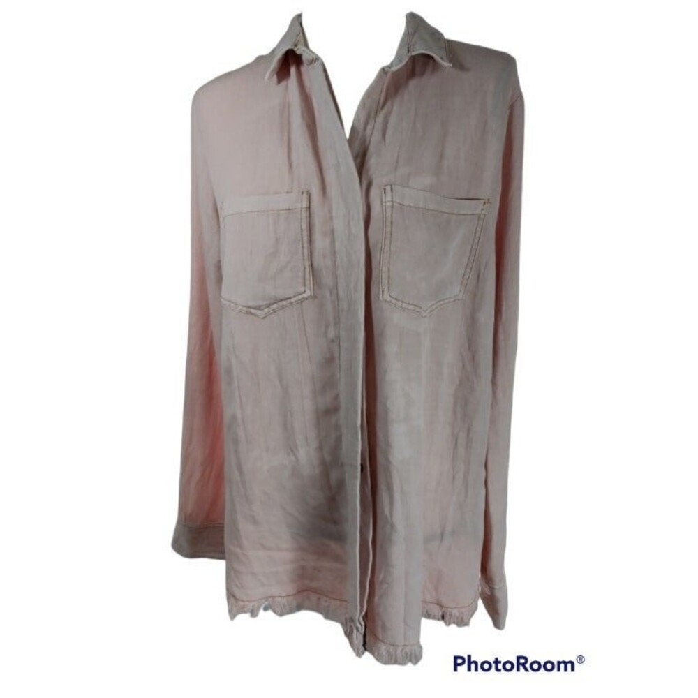 umgee Pink button down shirt with fringe hem and slit in back, Women's size S